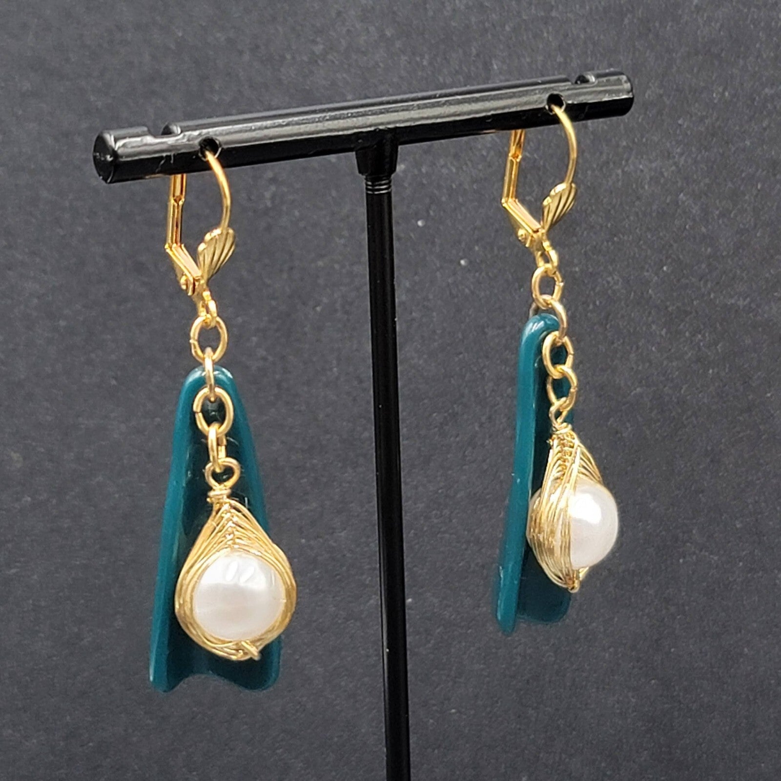 Pierced Earrings Gold Wire Faux Pearl Bead Teal Blue Dangle 1.75"
