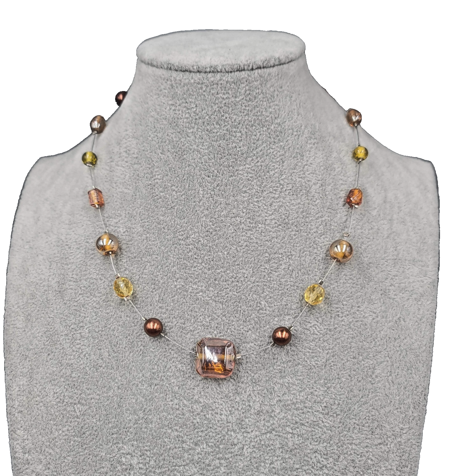 Multi color Glass Bead Station Necklace Silver tone Wire 16"-18"