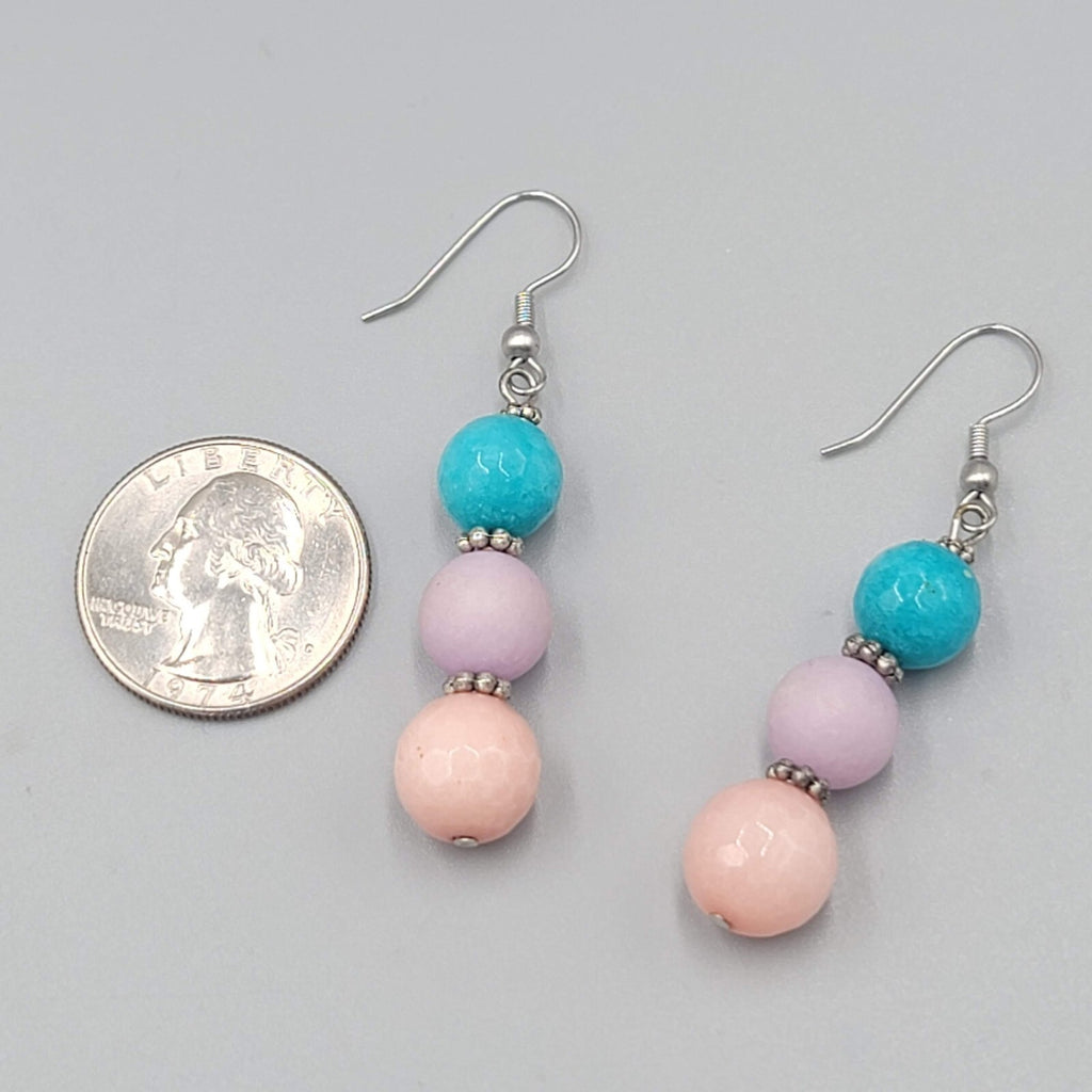 Pink Purple Blue Glass Bead Pierced Earrings Silver tone Dangle 1.5"