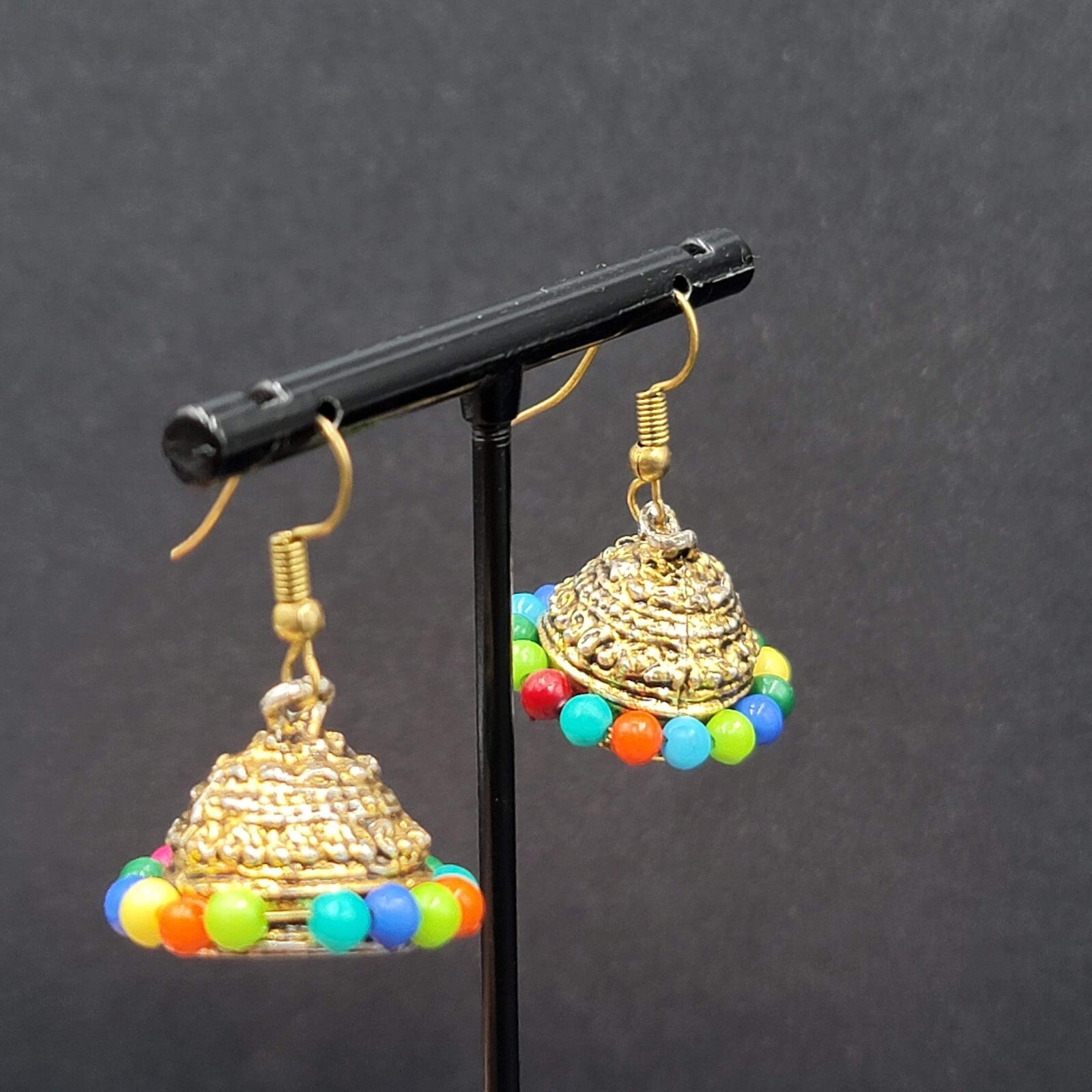 Vintage Pierced Earrings Bohemian Gold tone Multicolor Bead Dangle 3/4"