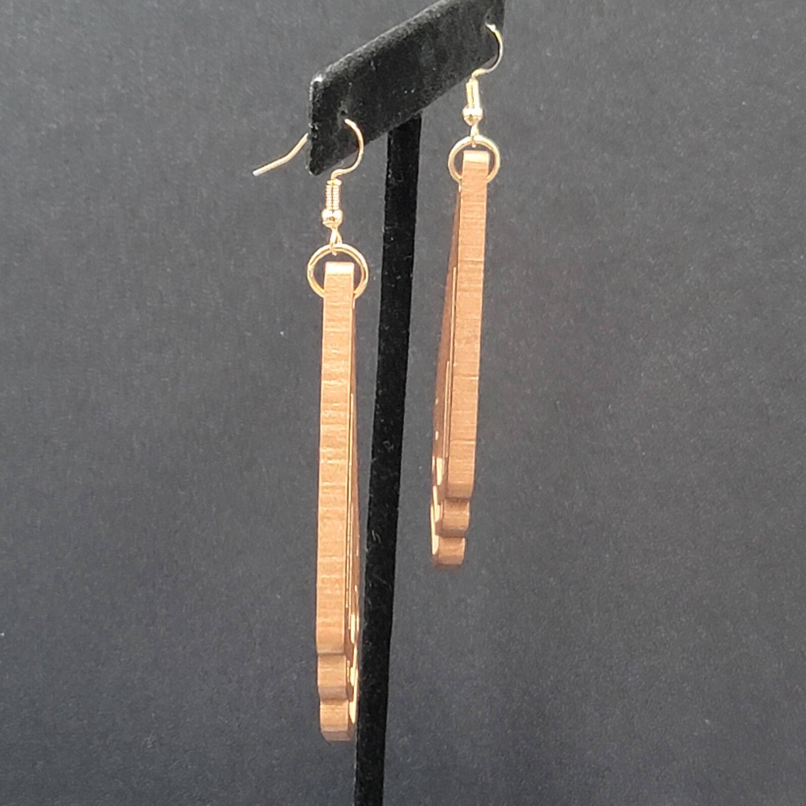New Boho Pierced Earrings Metallic Gold Wood Cut Geometric Dangle 3"