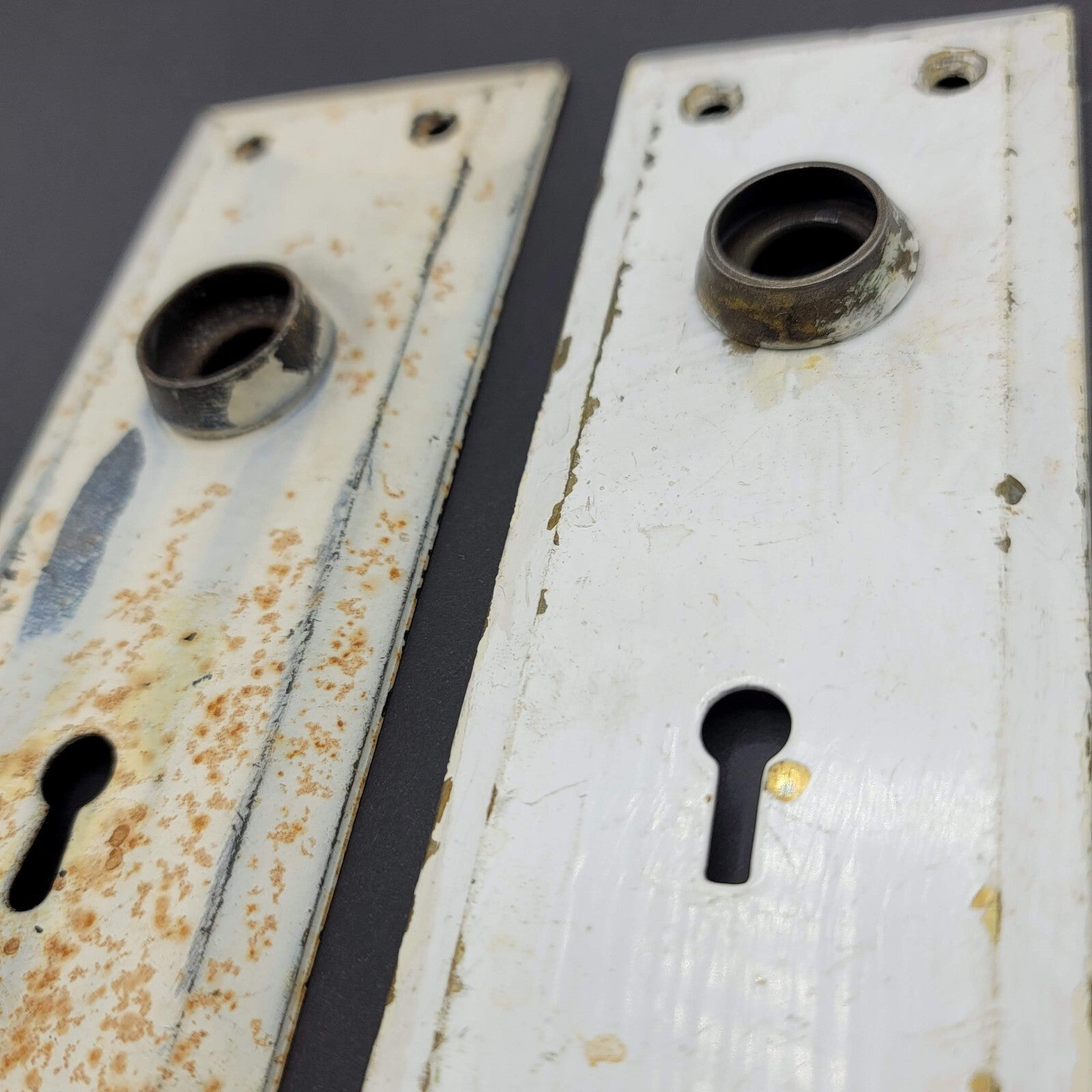 Vintage PAIR Brass Rectangle Doorknob Back Plates Shabby Painted White