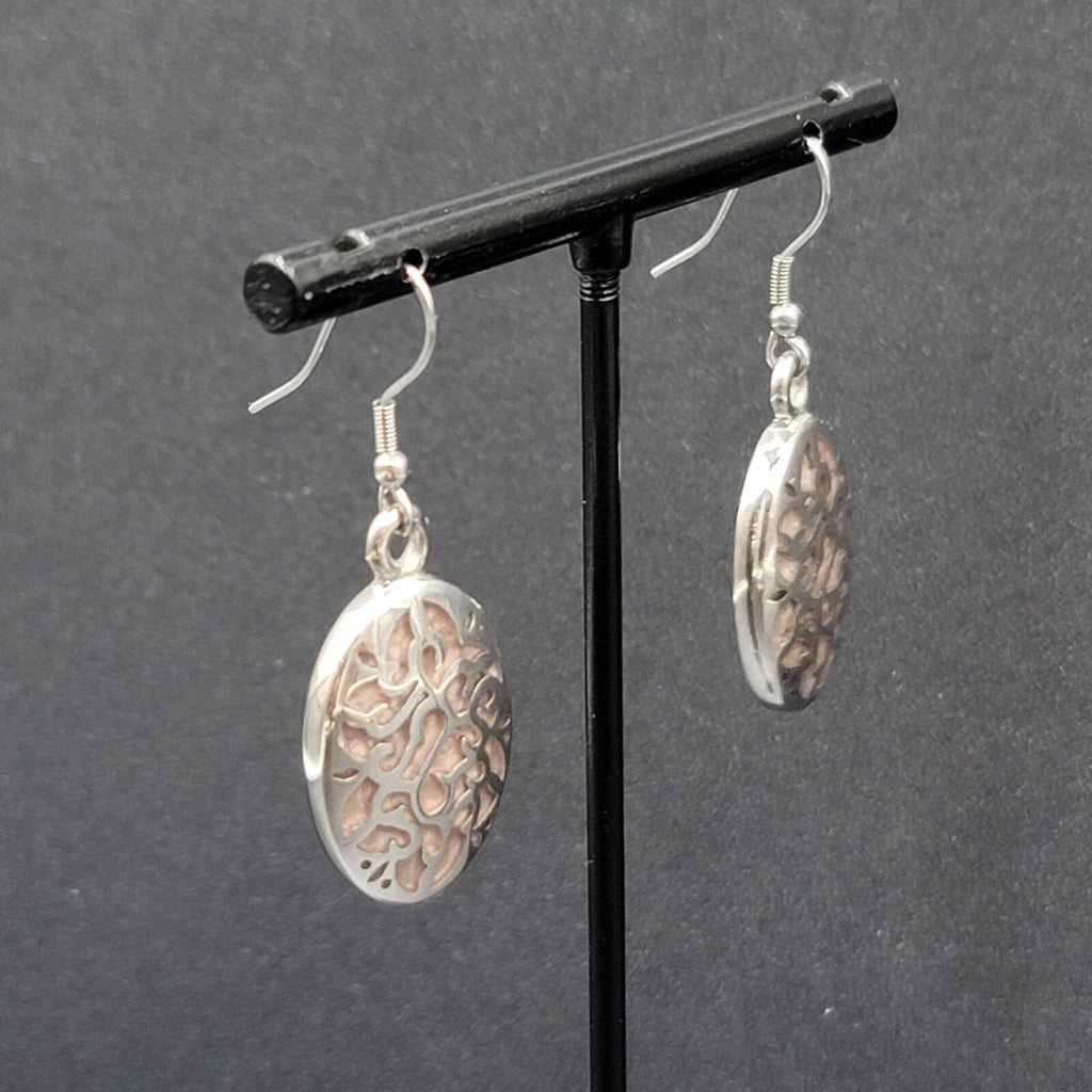 Pierced Earrings Silver tone Stainless Steel Oval Peach Enamel Dangle 1 1/8"