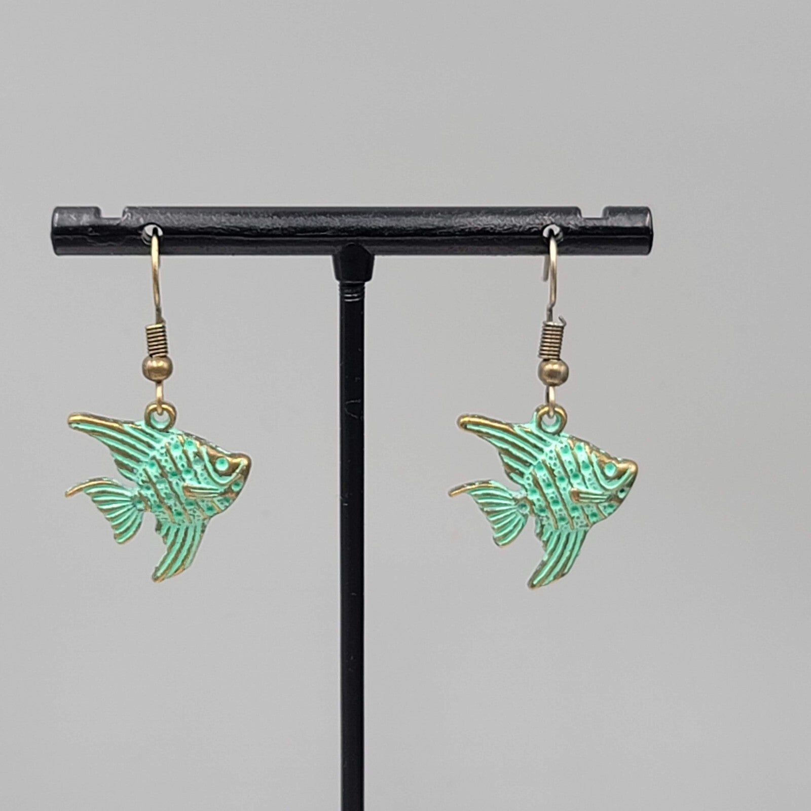 Angelfish Beach Sea life Pierced Earrings Bronze tone Green wash Dangle 3/4"
