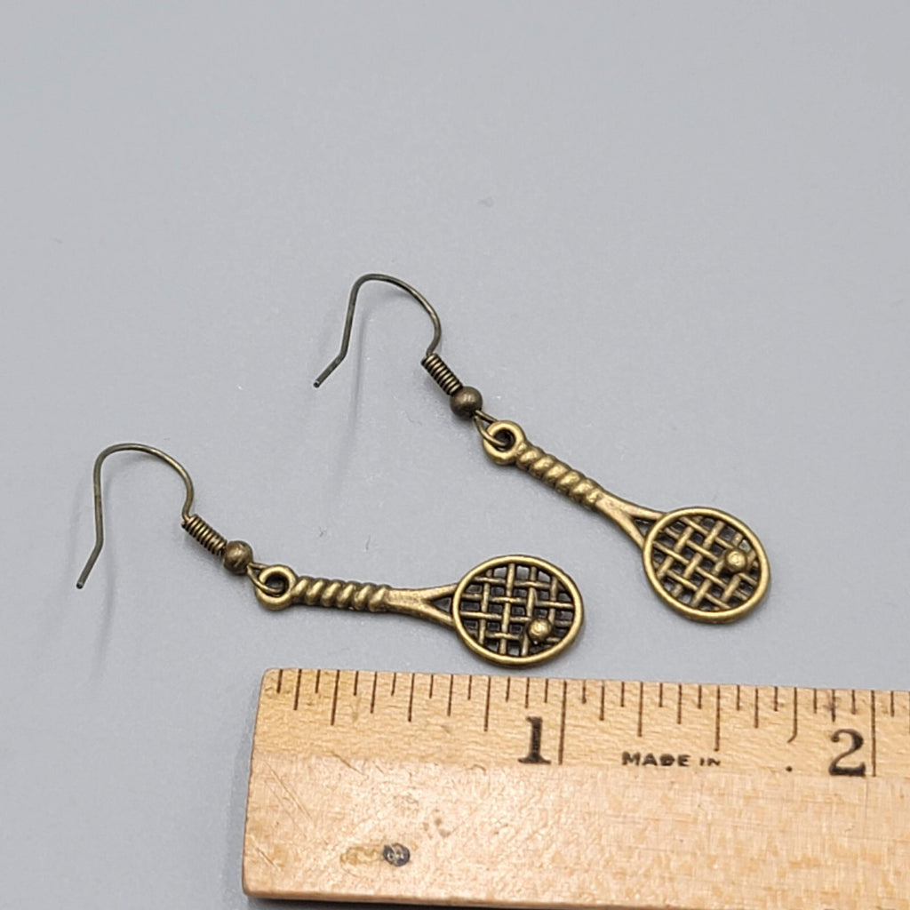 Tennis Racquet Pierced Earrings Bronze tone Dangle NEW 1 1/8"