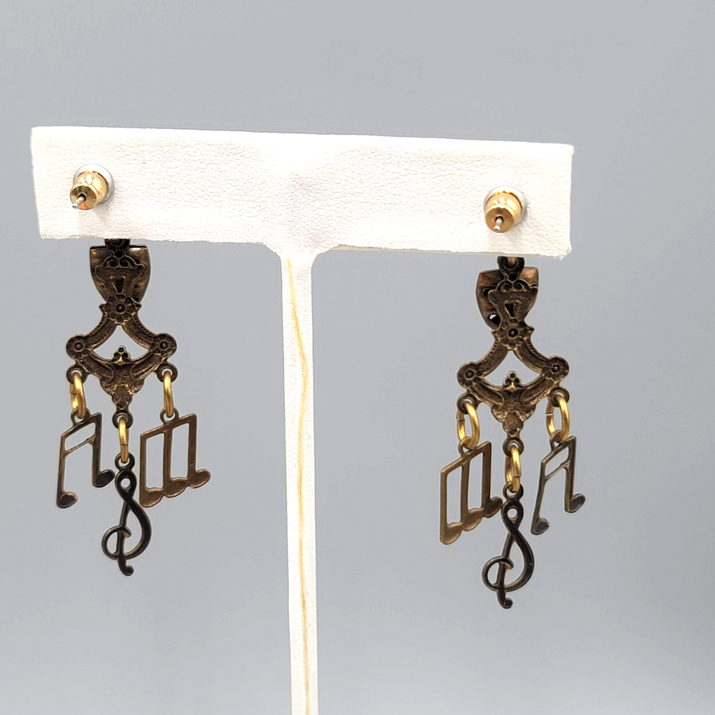 Vintage Music Drama Theme Pierced Earrings Bronze tone Dangle 2 in