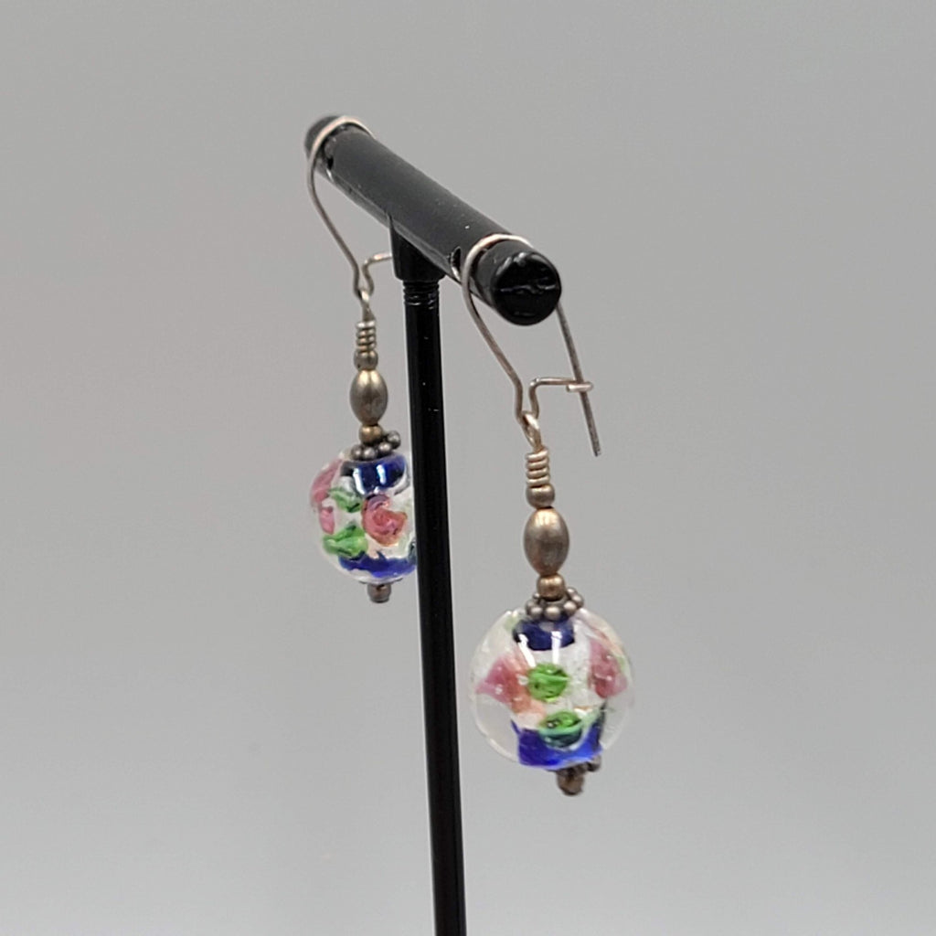 Art Glass Flower Pierced Earrings Silver tone Dangle 1"