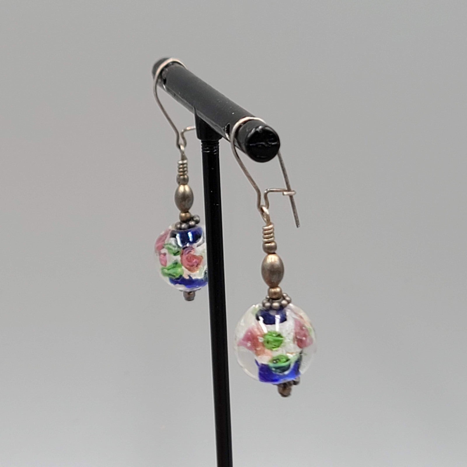 Art Glass Flower Pierced Earrings Silver tone Dangle 1"
