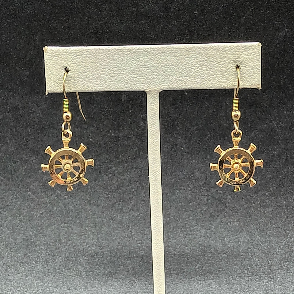 Pierced Earrings Gold tone Ship Wheel Nautical Theme Dangle 3/4"