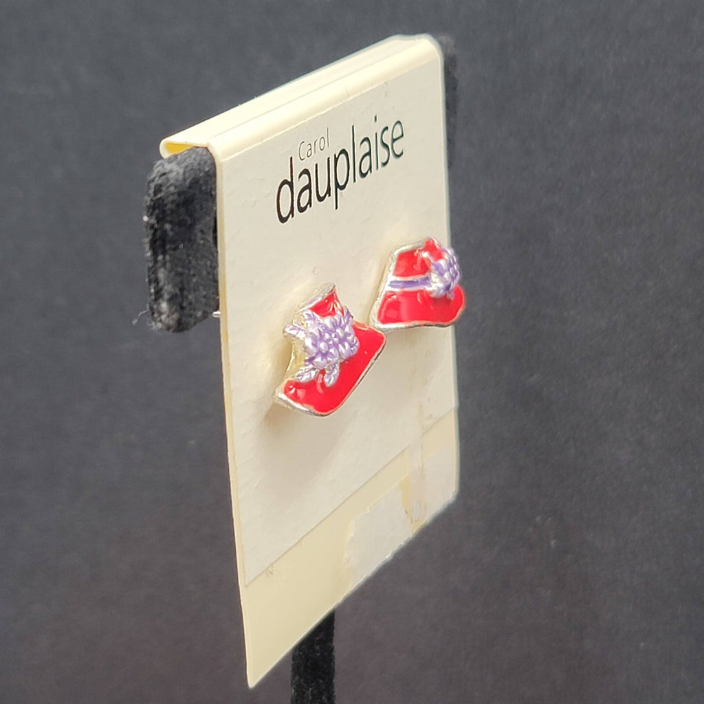Carol Dauplaise Pierced Earrings Red Hat Society Enamel Studs 3/4"