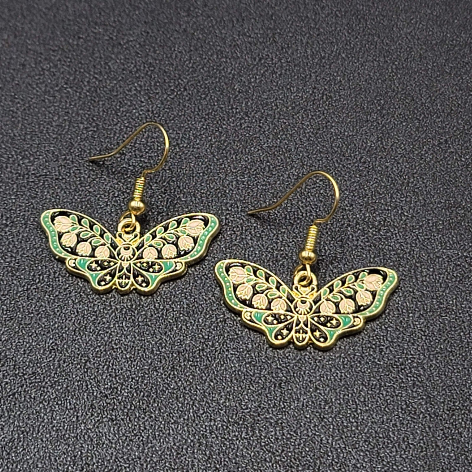Moth Pierced Earrings Gold tone Green Pink Black Enamel Dangle 1/2"