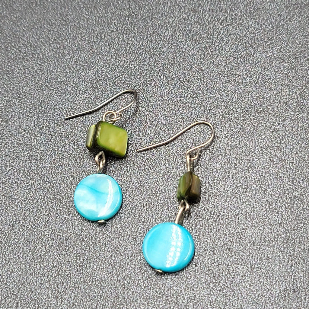 Pierced Earrings Green Blue Shell Bead Dangle Silver tone Hooks 1"