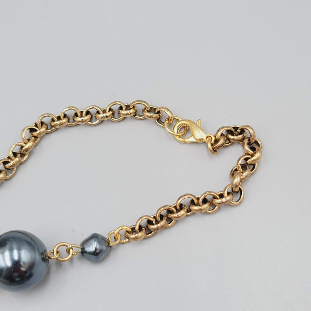 Long Rolo Chain Necklace Gold tone Black and Metallic Blue Beads 44"