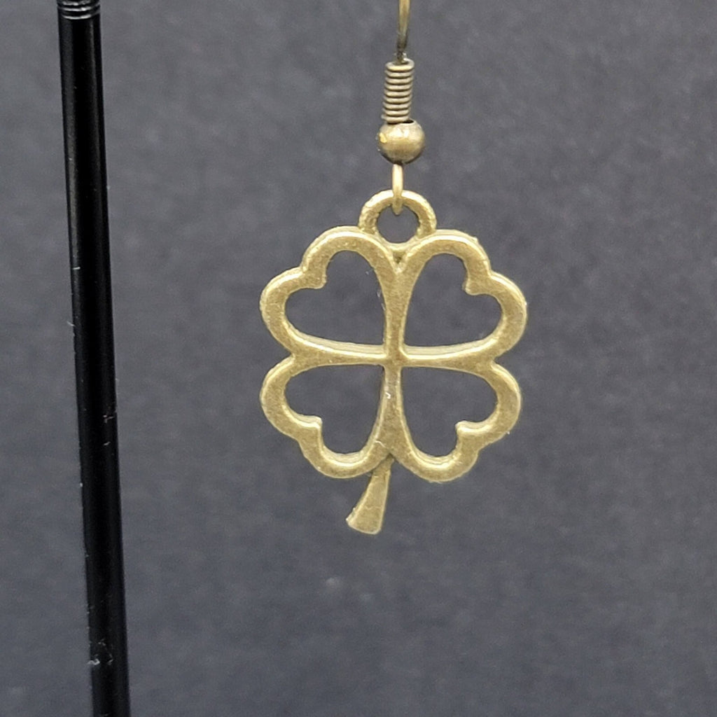 New 4 Leaf Clover Pierced Earrings Lucky Shamrock Bronze tone Dangle 1"