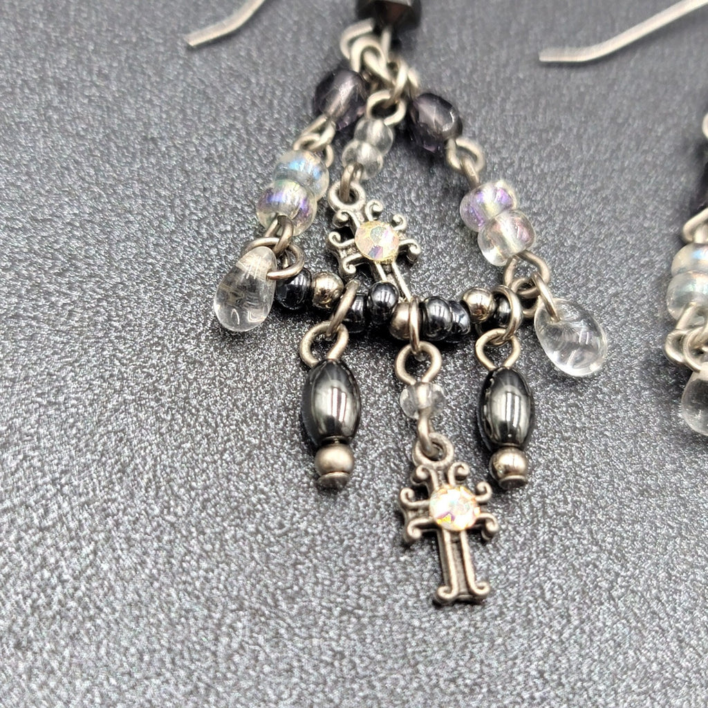 Pierced Earrings Silver tone Black Hematite AB Cross Chandelier Beads 1.75"