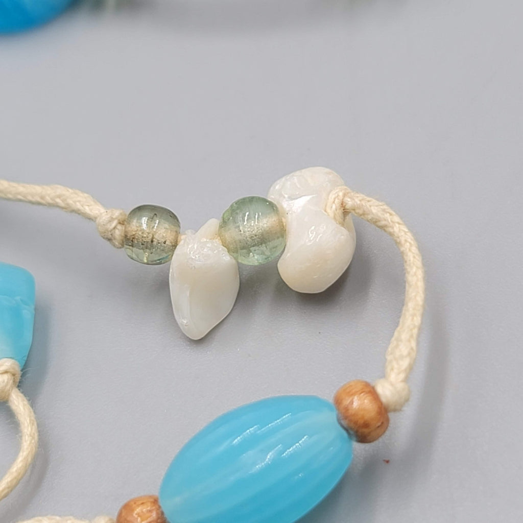 Vintage Blue Glass Bead Necklace Beach Theme Nautical Seashell Accents Long 44"