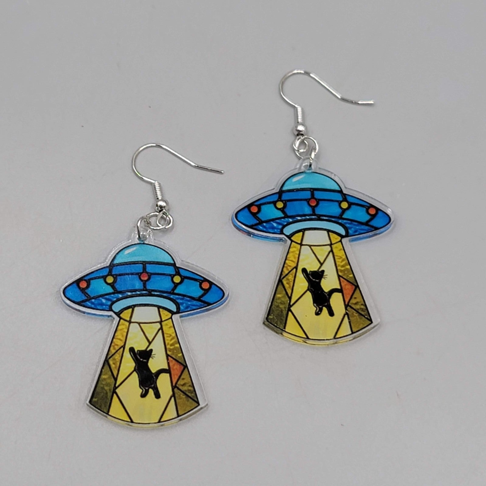 UFO Beam Black Kitty Cat Dangle Pierced Earrings Silver tone New 1.75"