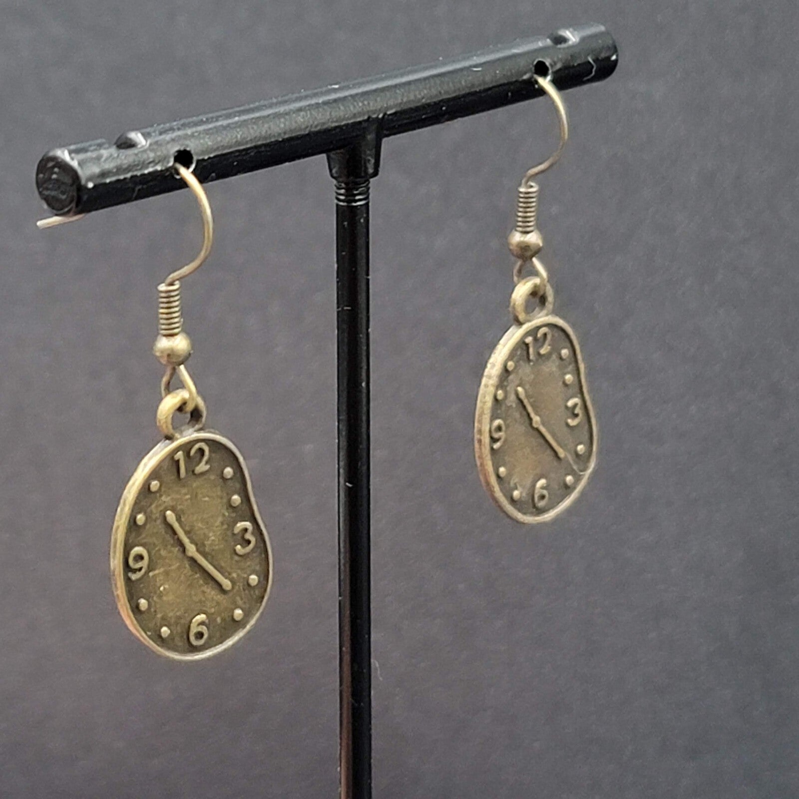 New Melting Clock Pierced Earrings Bronze tone Dangle 7/8"
