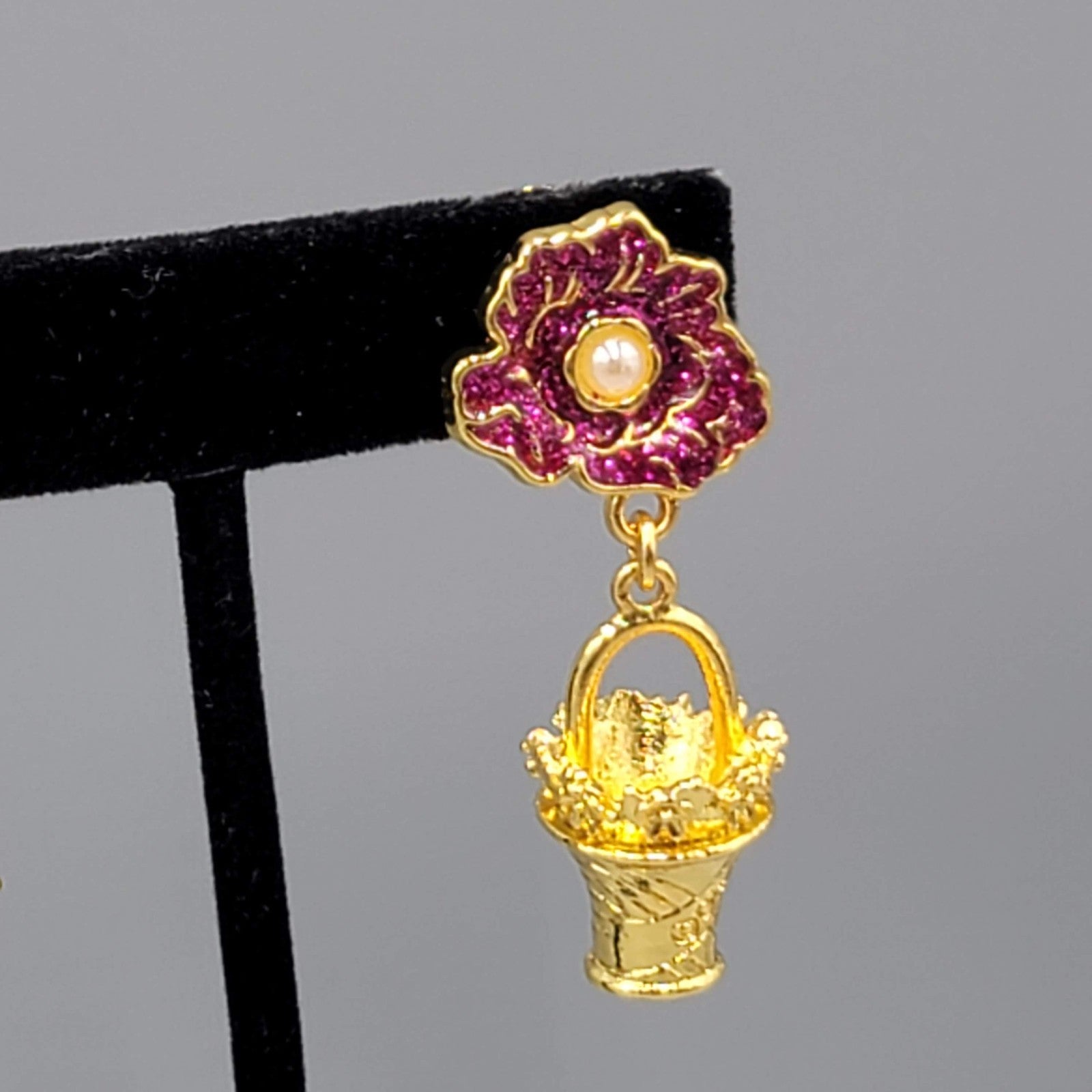 Vintage Pink Enamel Flower Clip on Earrings Gold tone Dangle Basket 1.75"