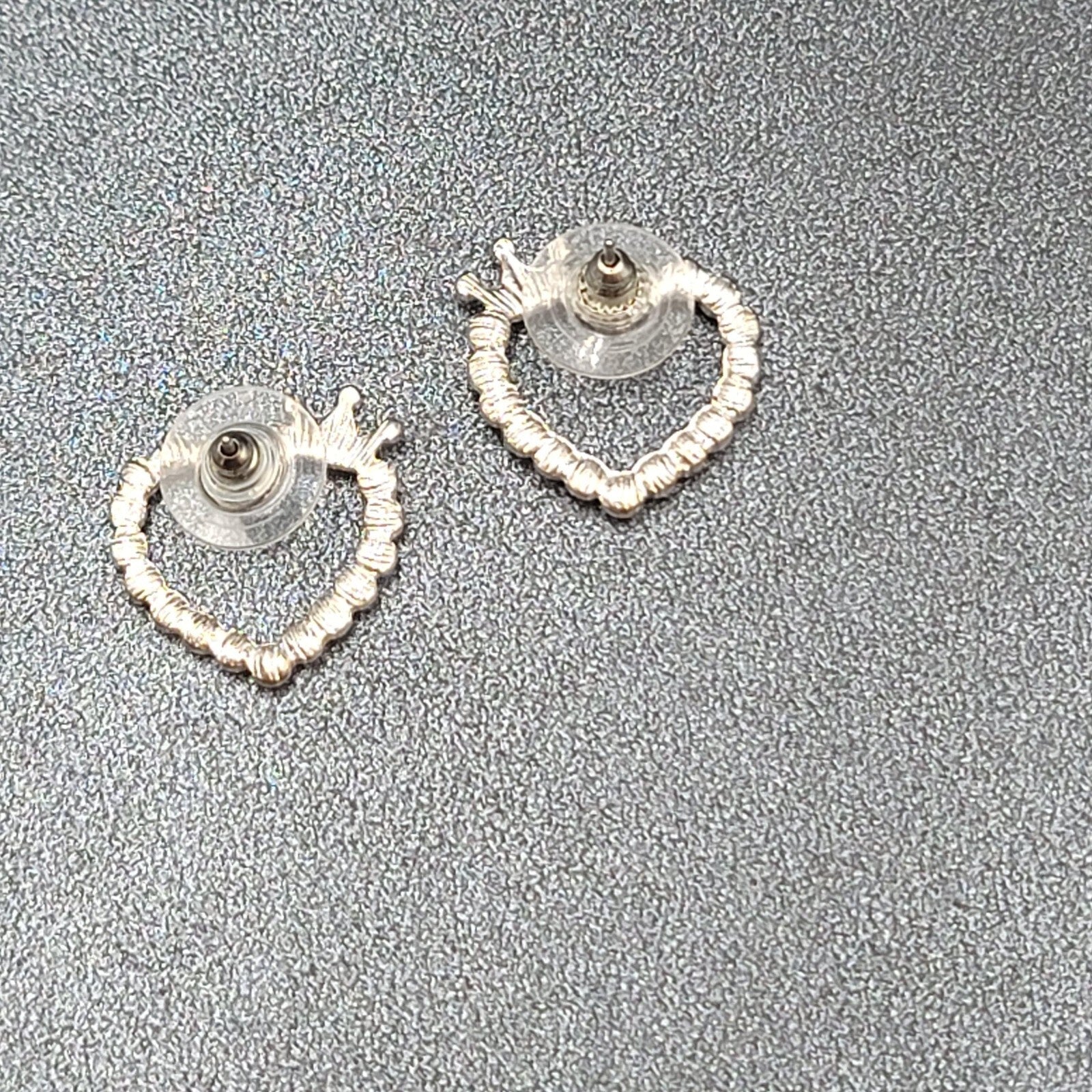 Heart Pierced Earrings Silver tone Crown Pink Crystal Studs 3/4"