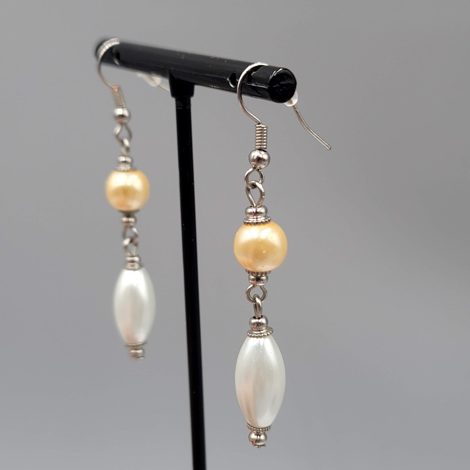 Pierced Earrings Silver tone Champagne White Bead Dangle 1.75"