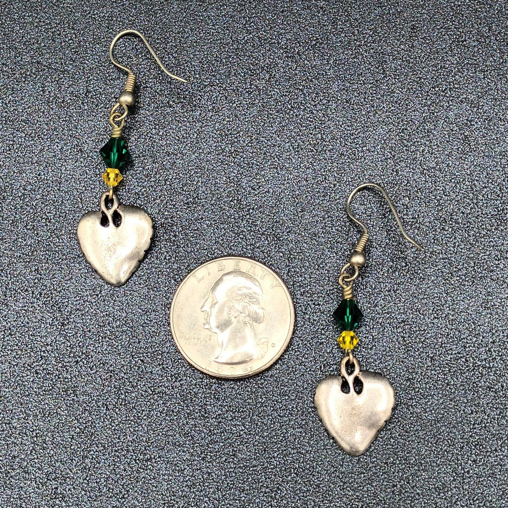 Pierced Earrings Silver tone Leaf Green Yellow Bead Dangle 1.25"