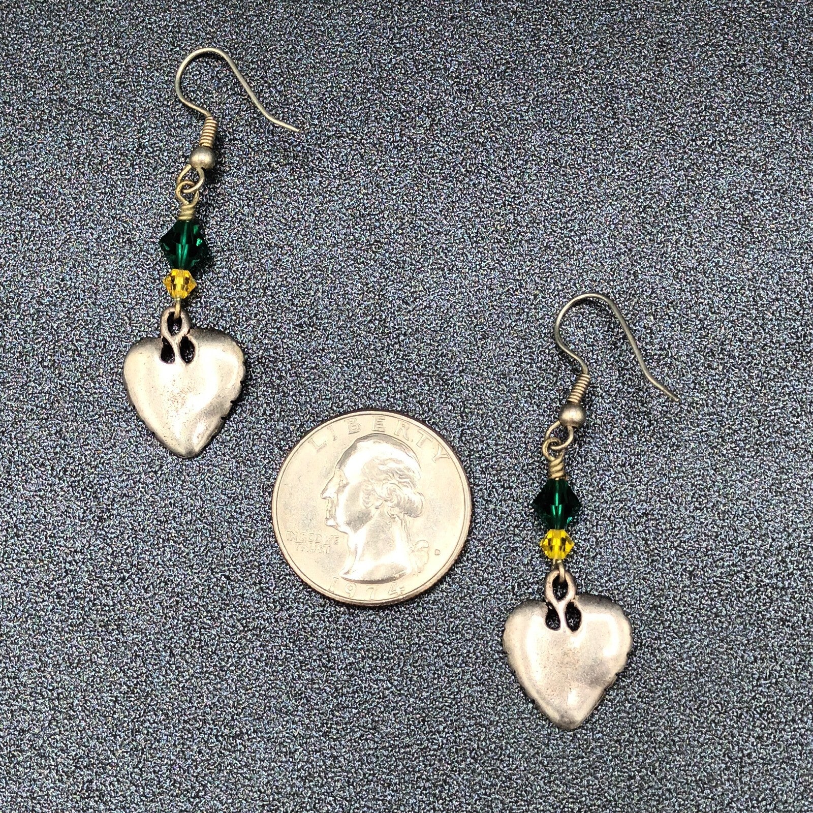 Pierced Earrings Silver tone Leaf Green Yellow Bead Dangle 1.25"