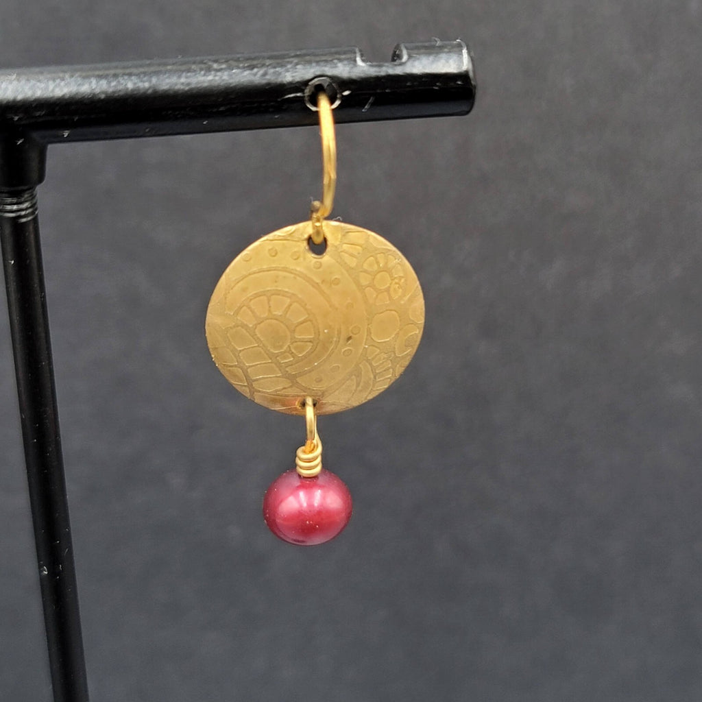 Pierced Earrings Brushed Gold Plated Embossed Disk Red Bead 1"
