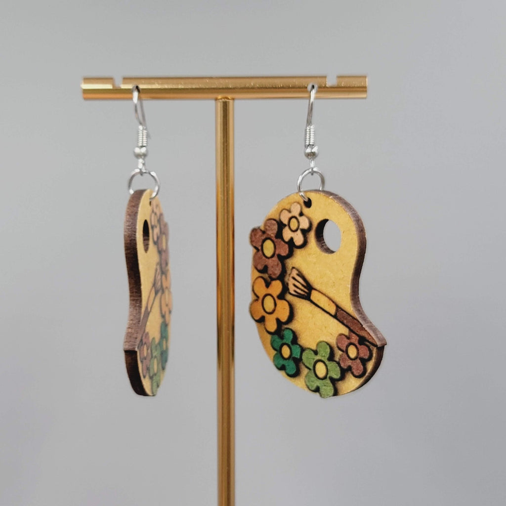 Artist Palette Pierced Earrings Wood Flowers Dangle Silver tone  1.75"
