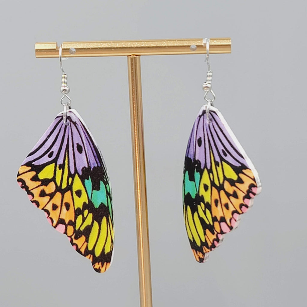 Butterfly Wing Pierced Earrings Purple Yellow Orange Statement Dangle 2.25"
