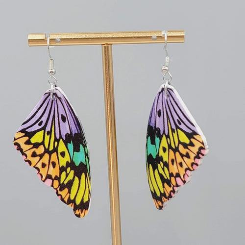 Butterfly Wing Pierced Earrings Purple Yellow Orange Statement Dangle 2.25"