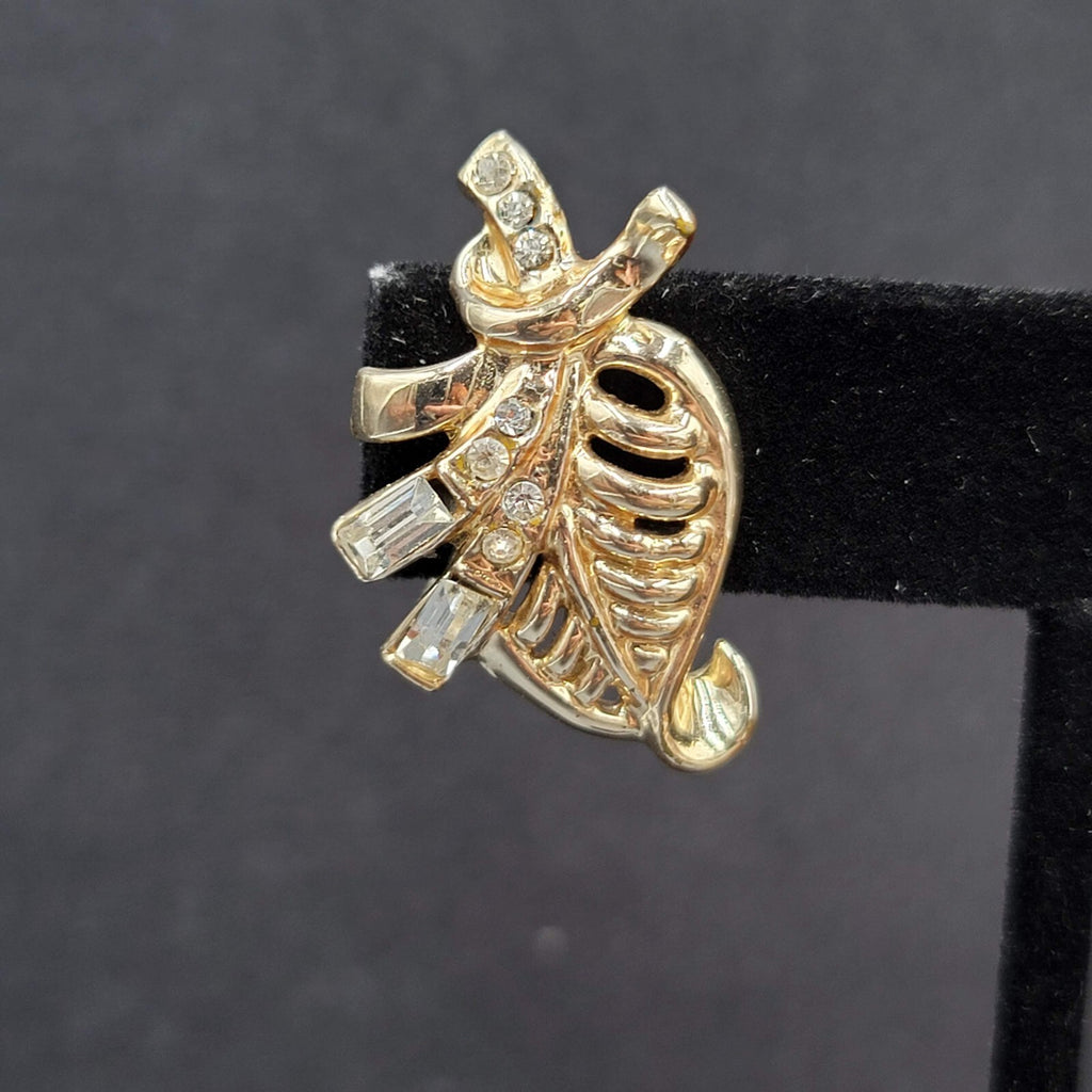 Vintage Clip on Earrings Gold tone Rhinestone Leaf Design Drop Screw Back 1.25"