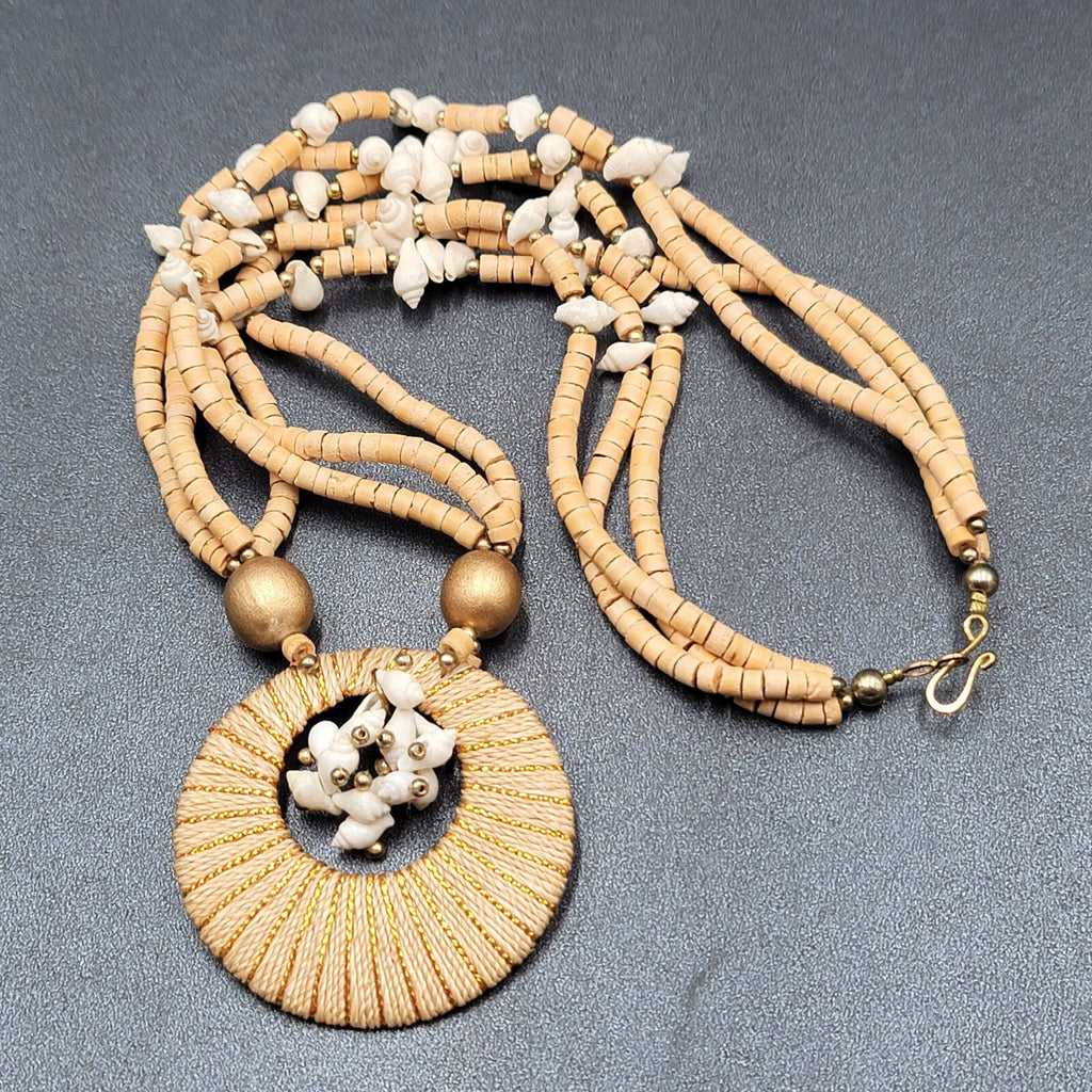 Vintage Necklace Wood Bead Shell Gold tone Boho Estate Costume Jewelry 24"