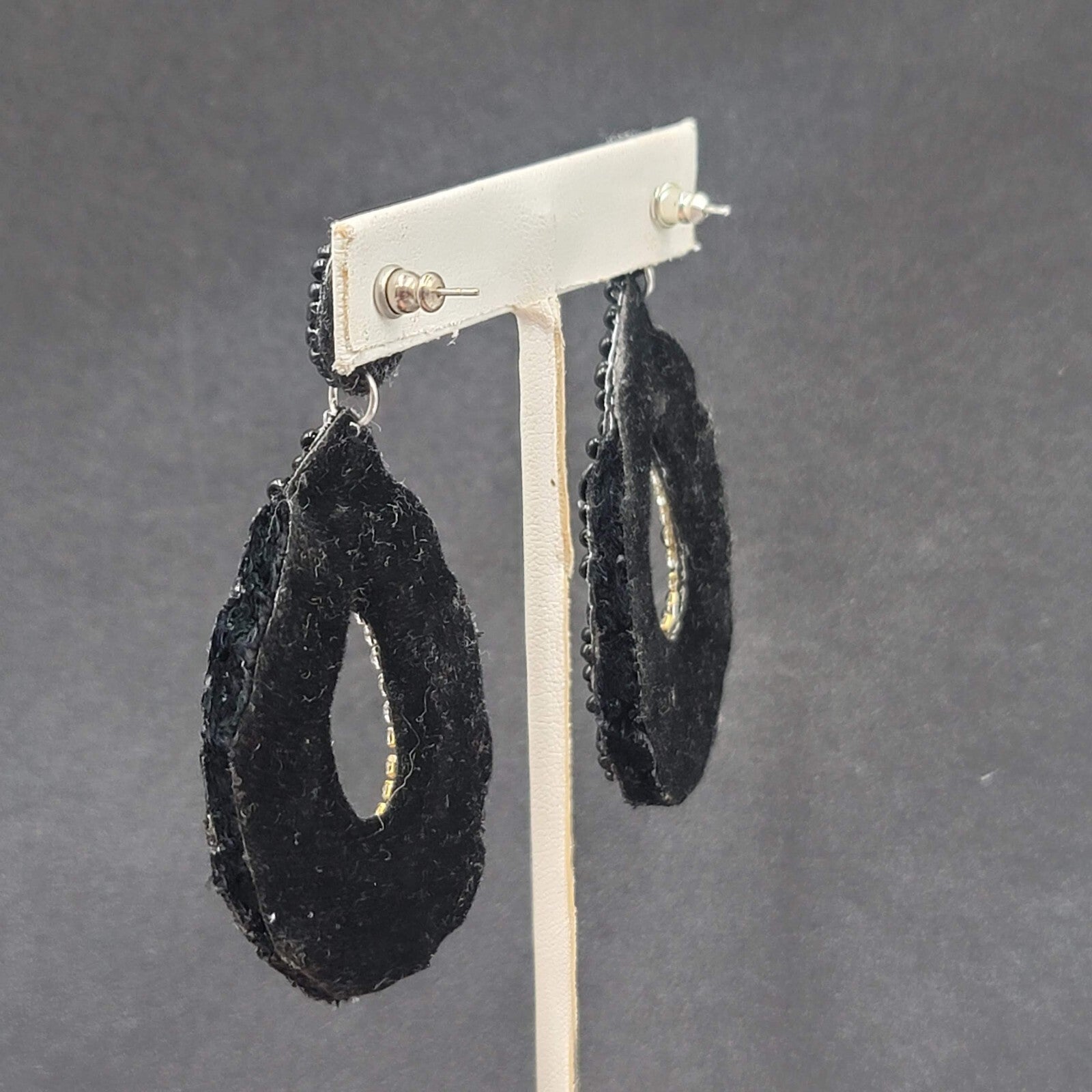 Pierced Earrings Black Felt Seed Beaded Rhinestone Runway Dangle 3"