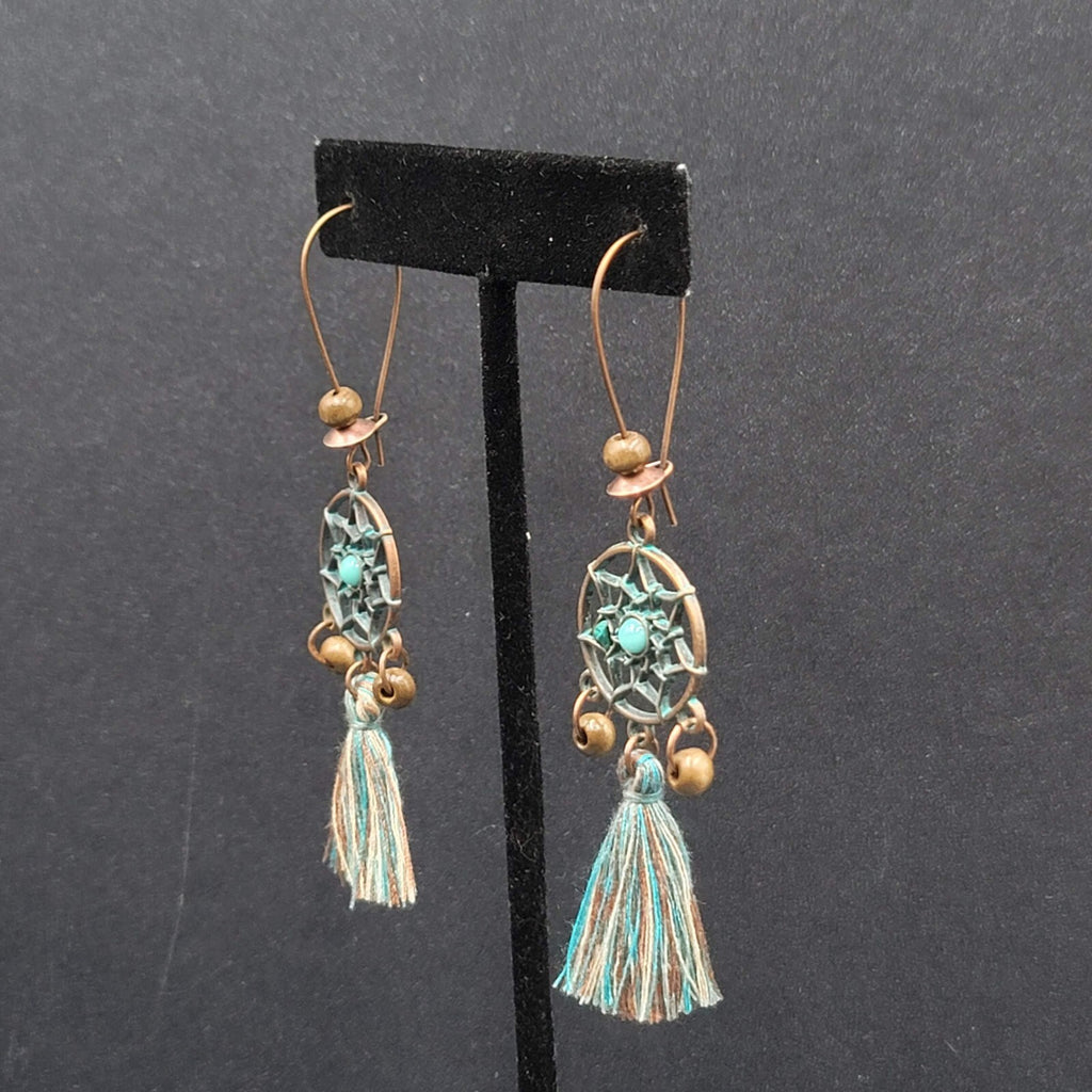 New Boho Pierced Earrings Copper tone Dreamcatcher Wood Bead Blue Tassel 2"