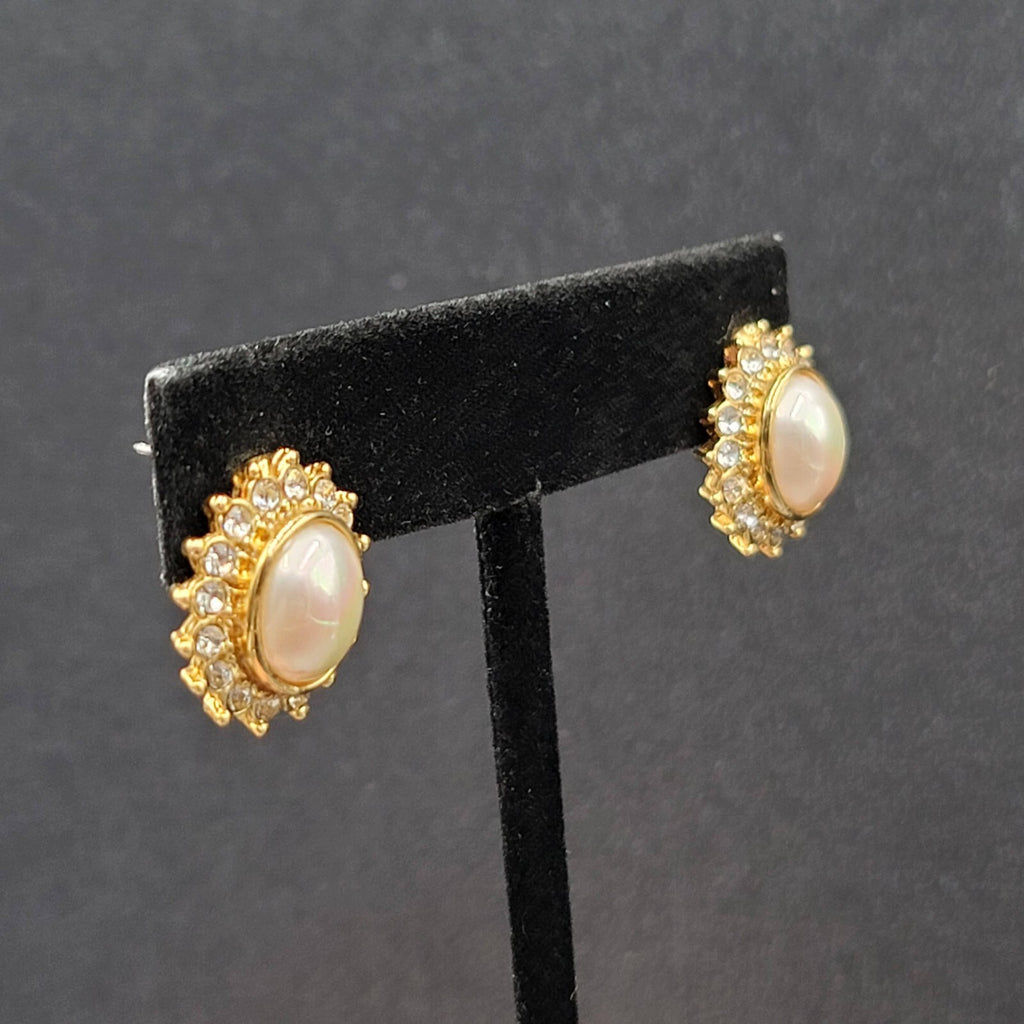 Pierced Earrings Gold Plated Crystal Oval Iridescent Cabochon Studs 5/8"