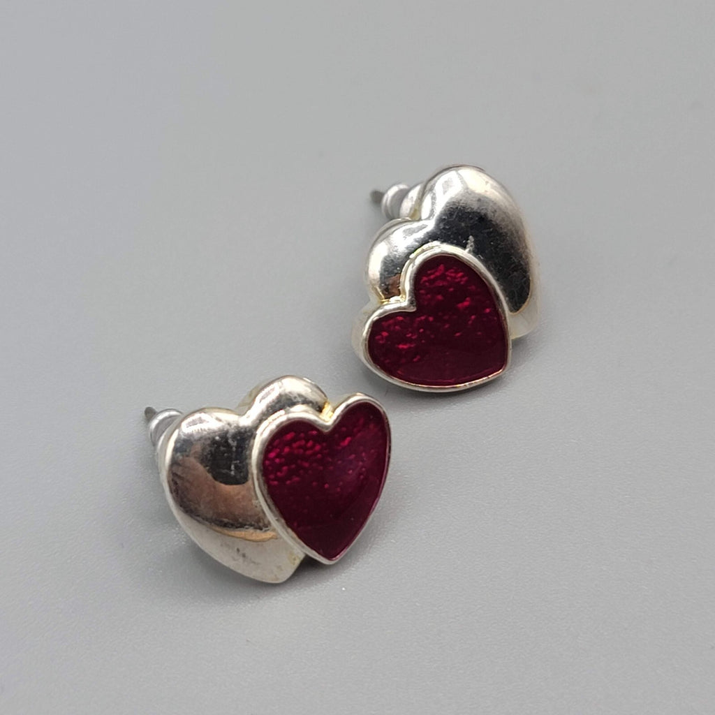Heart Pierced Earrings Silver tone Red Enamel Studs Hearts 5/8"