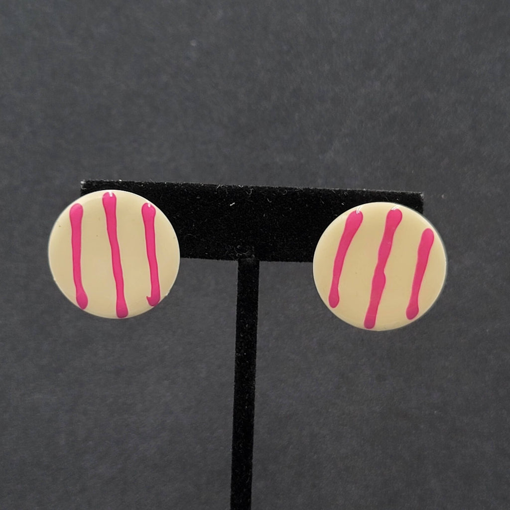 Vintage Pierced Earrings White Purple Stripes Round Disc 1"
