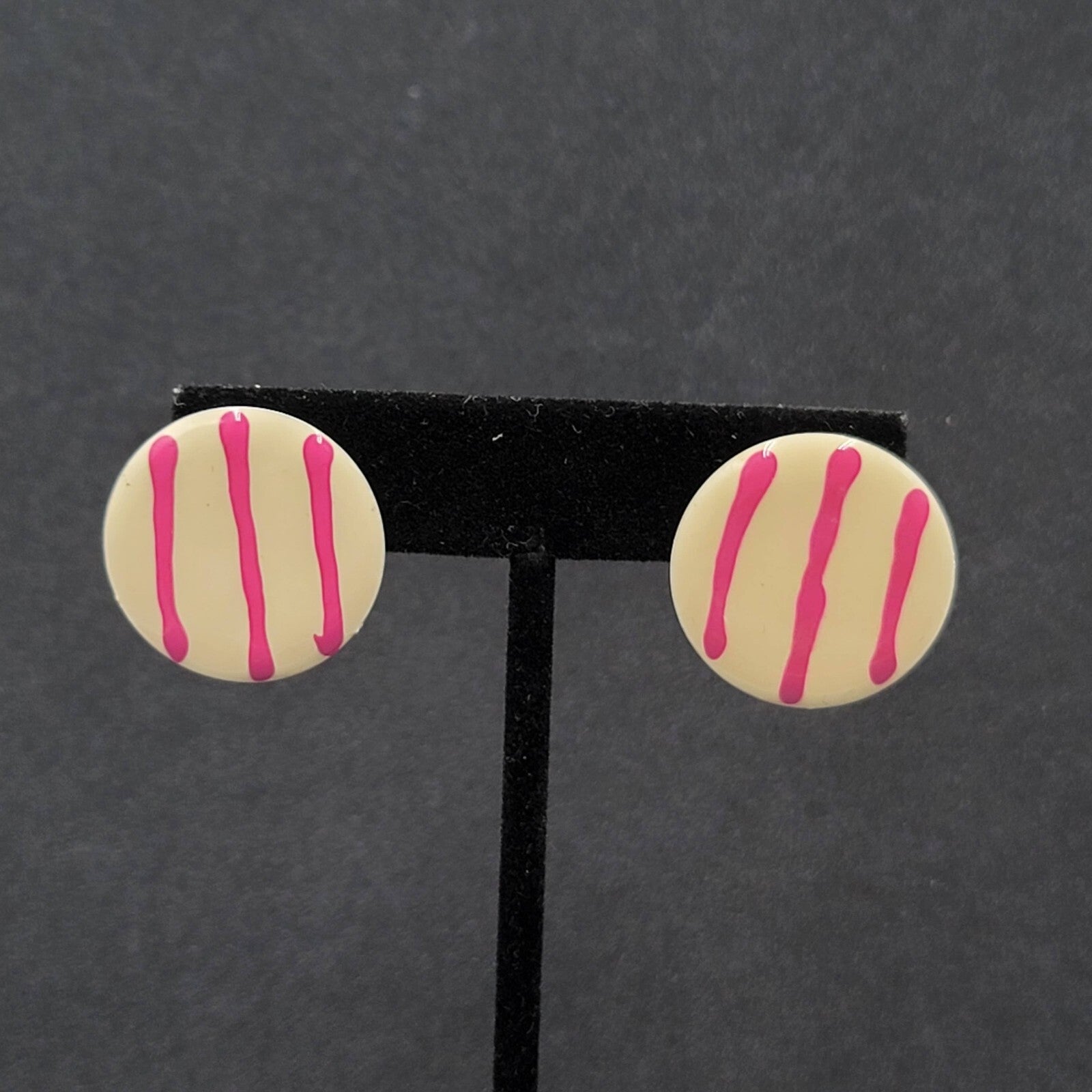 Vintage Pierced Earrings White Purple Stripes Round Disc 1"