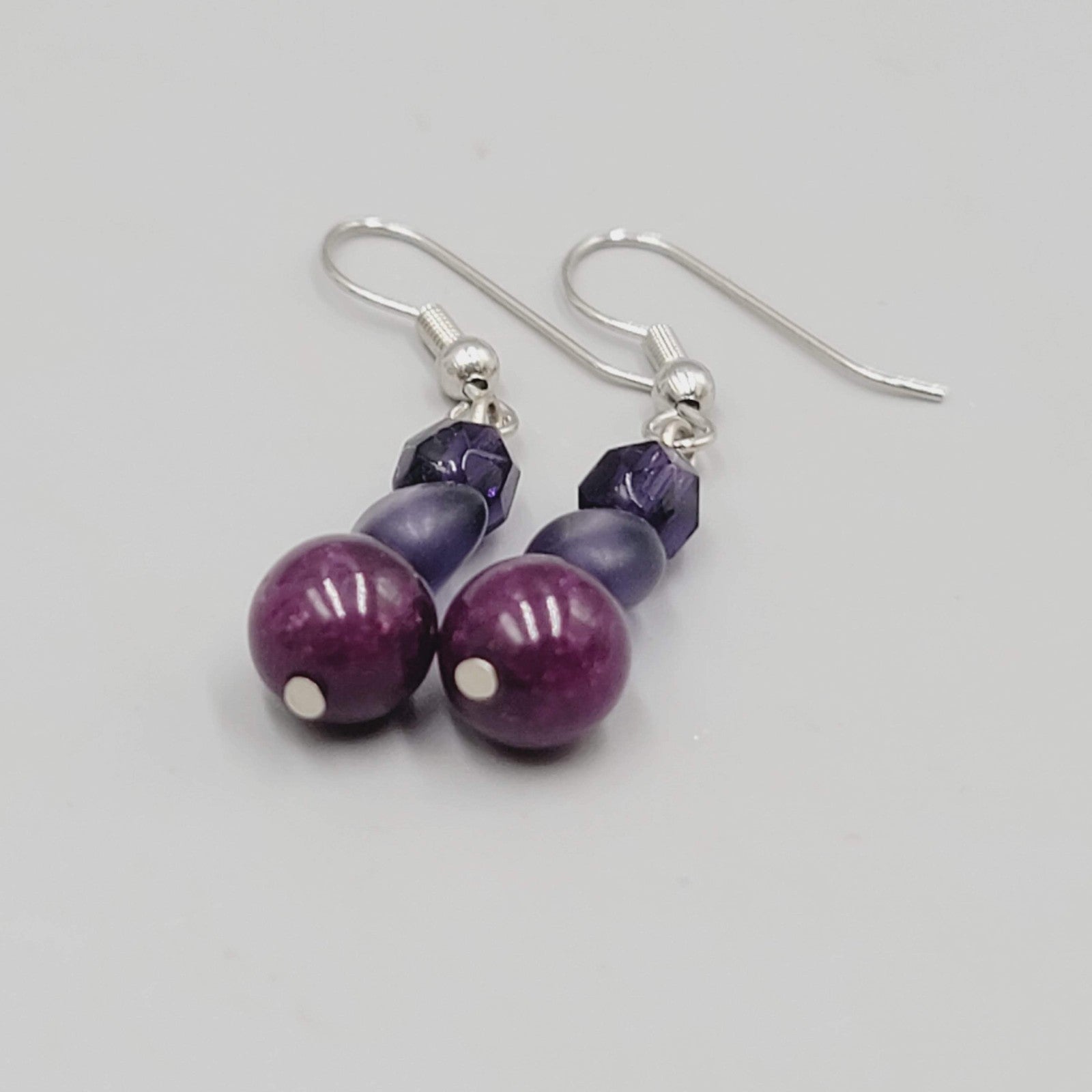 Amethyst and Purple Glass Pierced Earrings  Silver tone Dangle 1"