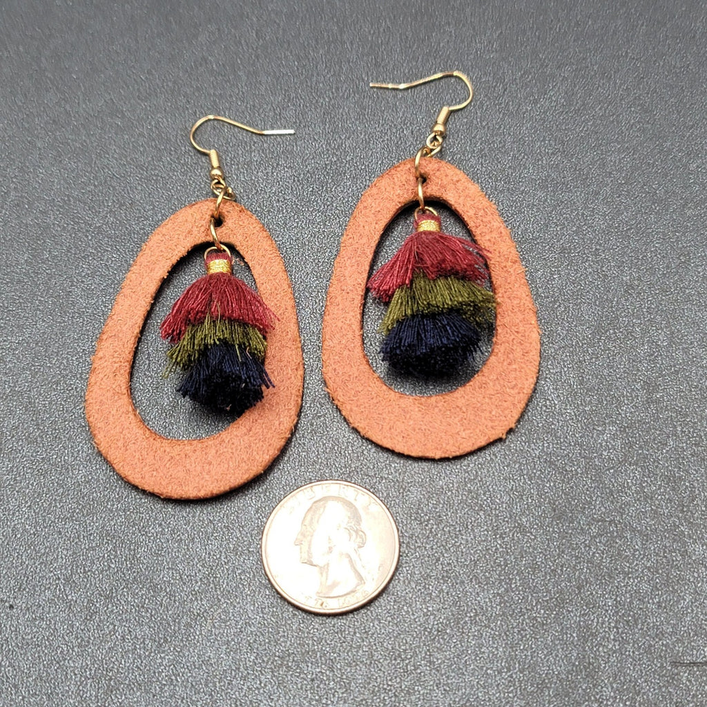 Pierced Earrings Dusty Rose Pink Leather Teardrop Tassel Boho Art  2.5"