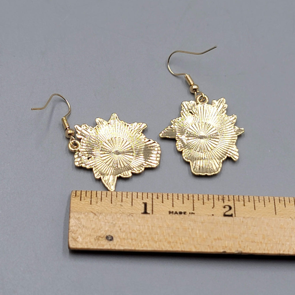 Pierced Earrings Gold tone Enamel Red Rose Moth Dangle 1 1/8"
