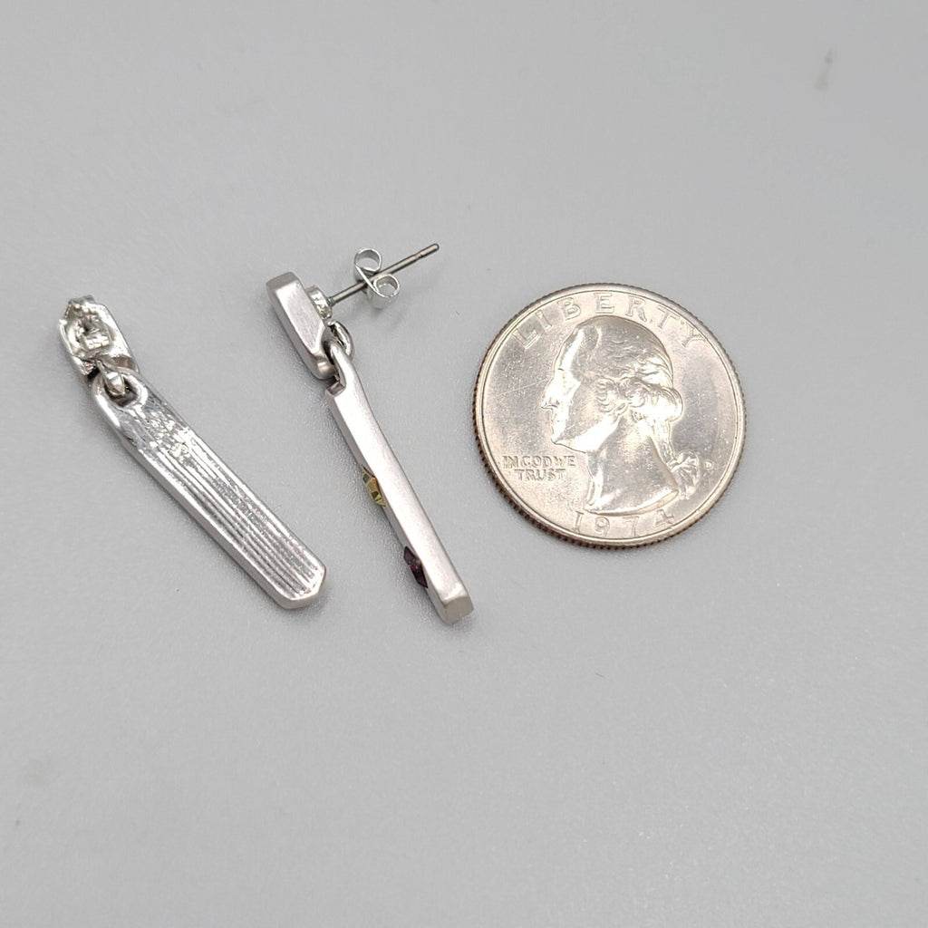 Pierced Earrings Silver tone Yellow Purple Crystal Dangle 1.25"