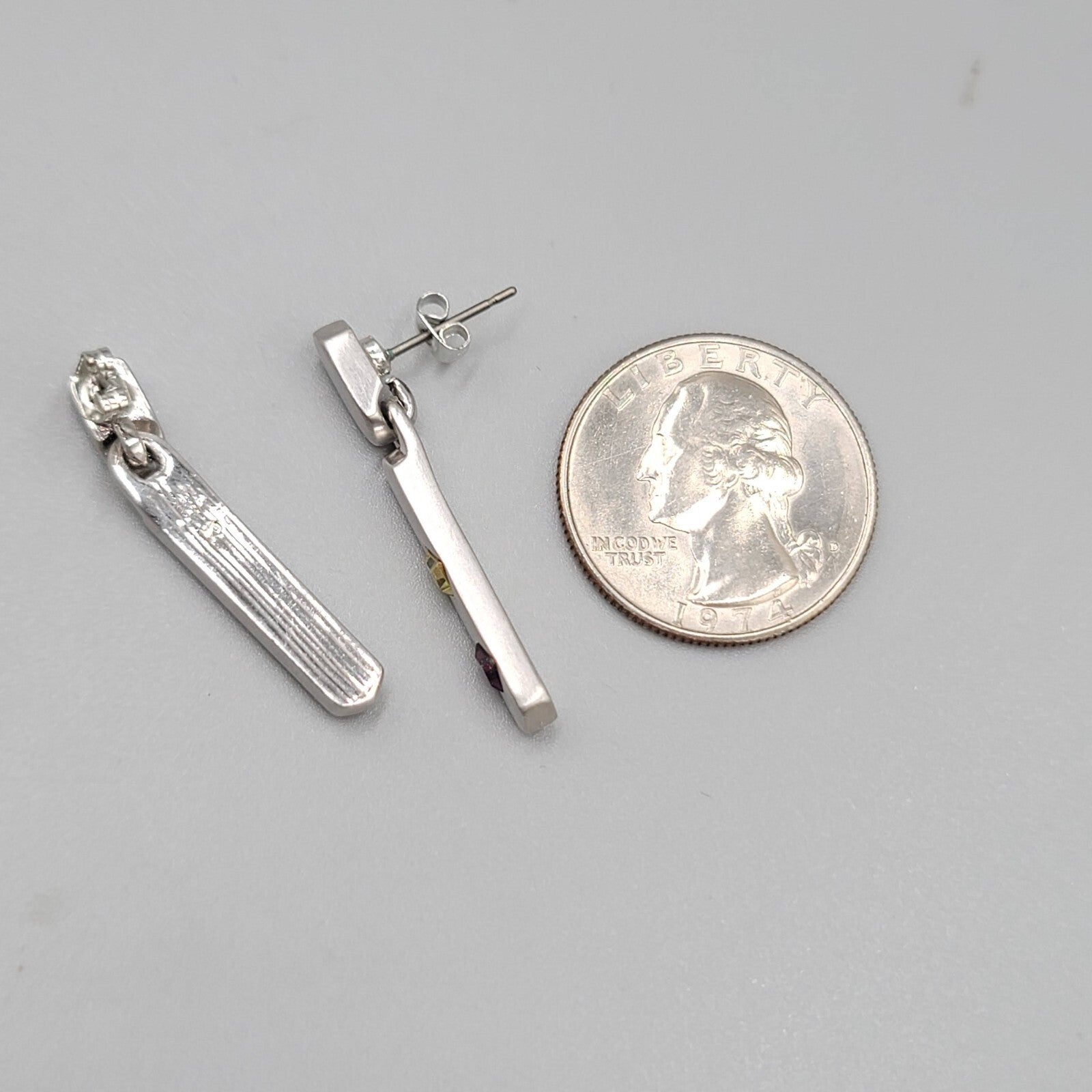 Pierced Earrings Silver tone Yellow Purple Crystal Dangle 1.25"