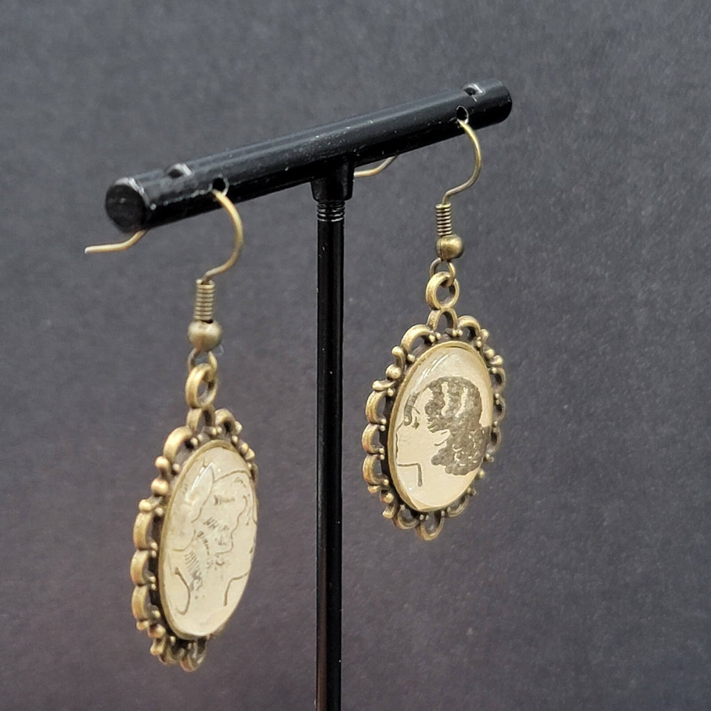 Pierced Earrings Bronze tone Glass Cabochon Updo Ladies Antique Drawings 1.25"