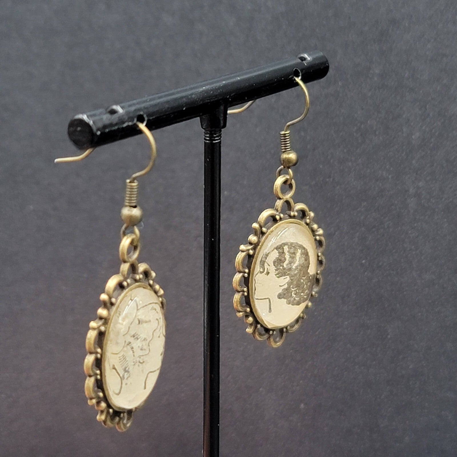 Pierced Earrings Bronze tone Glass Cabochon Updo Ladies Antique Drawings 1.25"