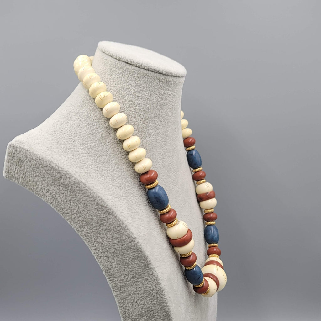 Vintage Beaded Necklace Hidden Clasp Beige Brown Blue Estate Costume Jewelry 20"