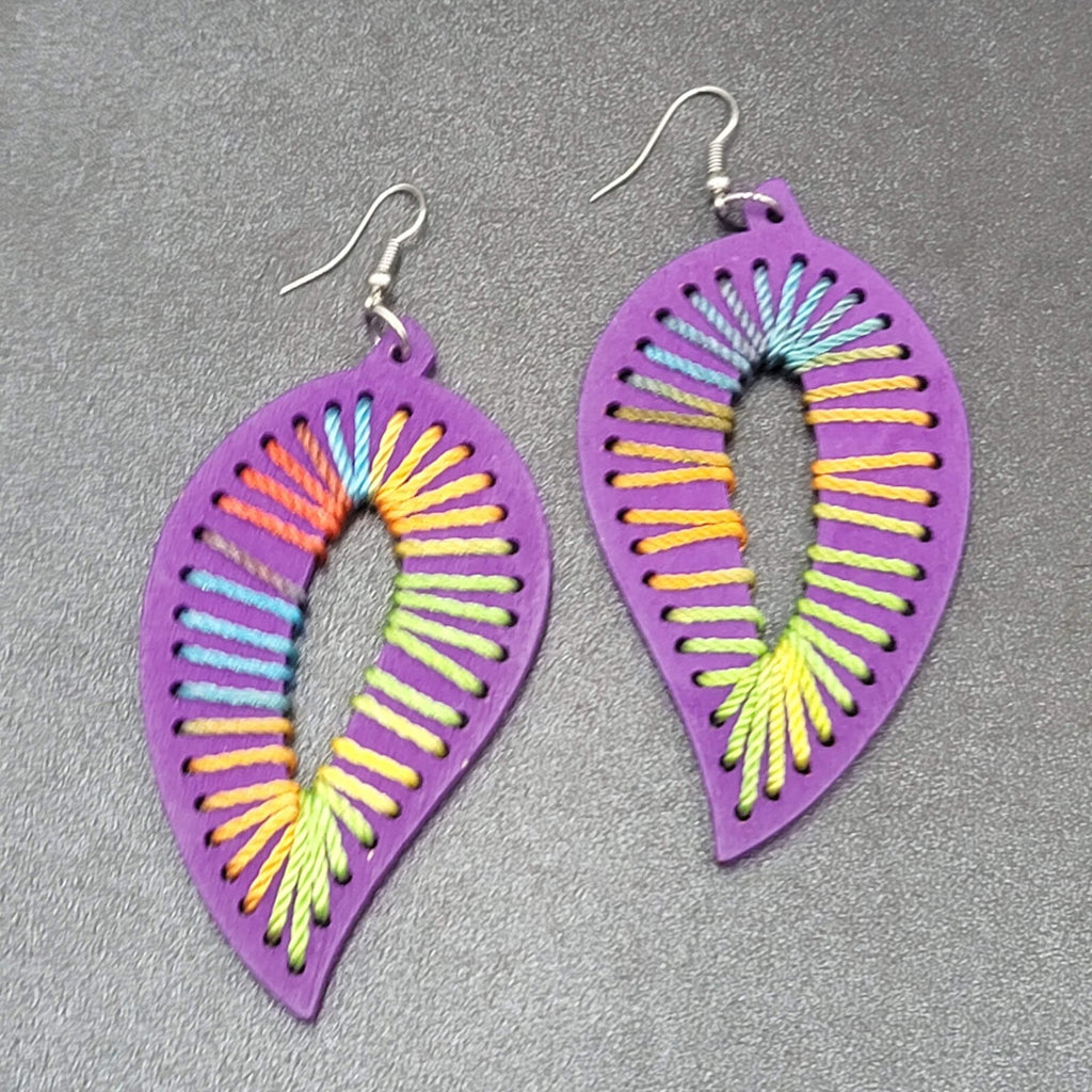 Pierced Earrings Large Purple Wood Leaf Multicolor String Art 3.25" Long