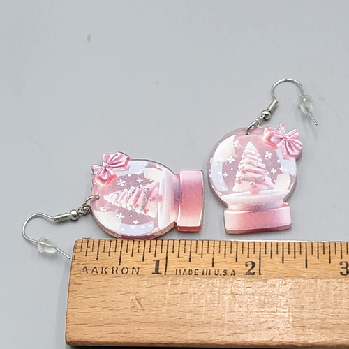 Christmas Snow Globe Pierced Earrings Silver tone Dangle Pink Tree Acrylic 1.25"