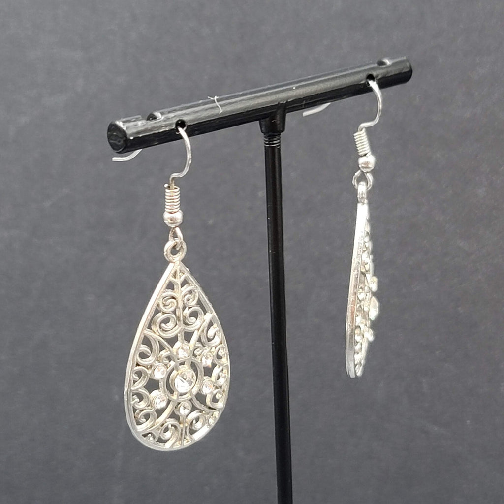 Pierced Earrings Silver tone Rhinestone Open Work Teardrop Dangle 1.25"
